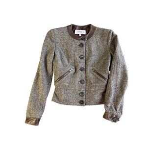 Revillon Paris Womens Tweed Jacket 36 Brown Leather Trim Button - Front France